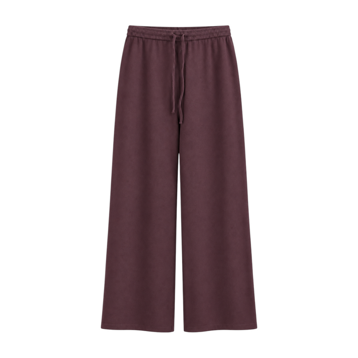 The Tiny Finch Brontie burgundy wide-leg sweatpants featuring an elastic drawstring waistband in soft fabric.
