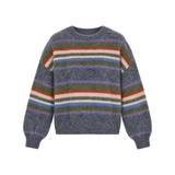 The Tiny Finch Hattie sweater in fuzzy charcoal knit with multicolour stripes and a relaxed fit.