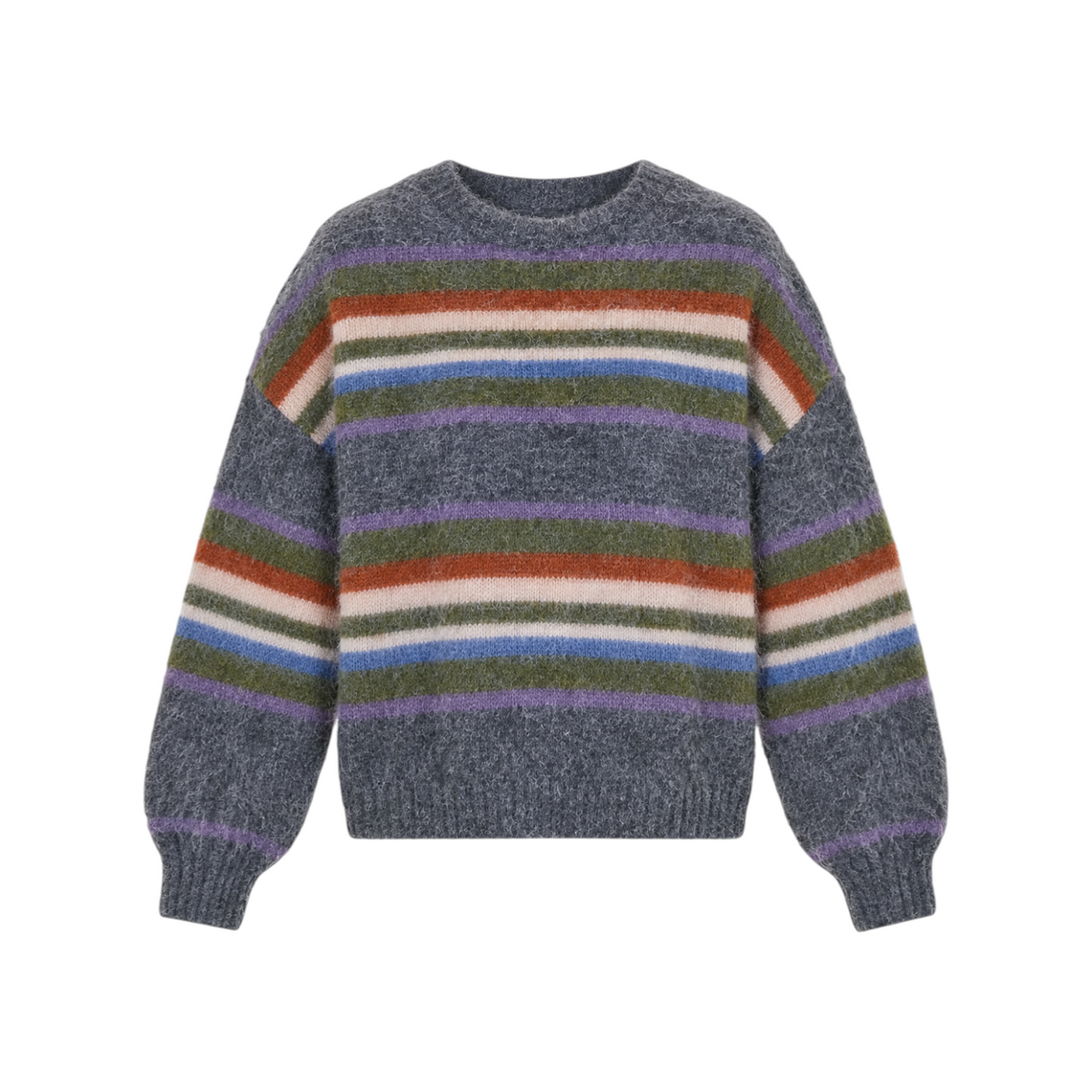 The Tiny Finch Hattie sweater in fuzzy charcoal knit with multicolour stripes and a relaxed fit.