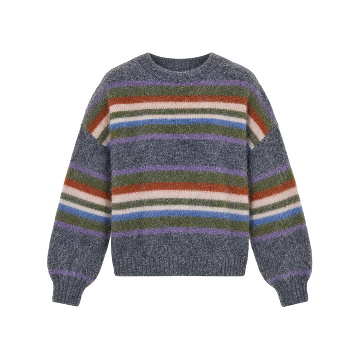 The Tiny Finch Hattie sweater in fuzzy charcoal knit with multicolour stripes and a relaxed fit.