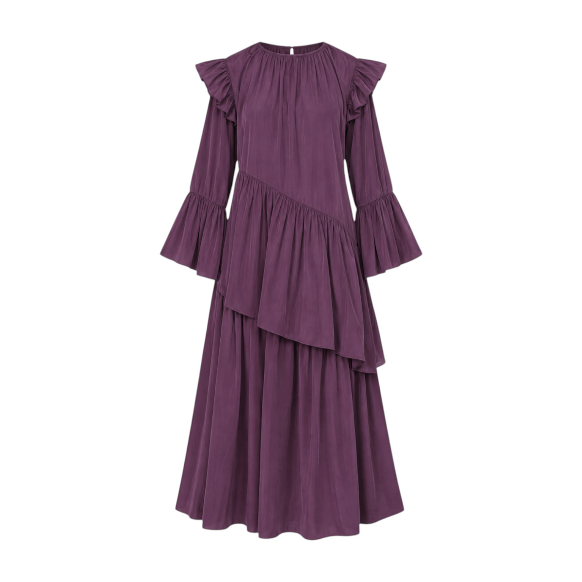 The Tiny Finch Flora purple midi dress with ruffled shoulders, flared sleeves, and asymmetric gathered detailing.
