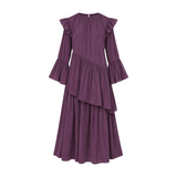 The Tiny Finch Flora purple midi dress with ruffled shoulders, flared sleeves, and asymmetric gathered detailing.