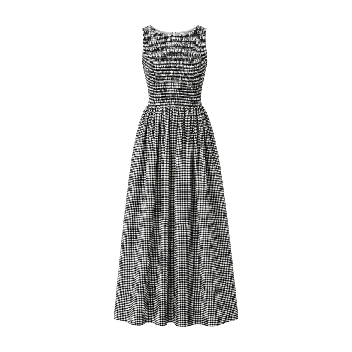 The Tiny Finch Carina black and white gingham maxi dress with a sleeveless shirred bodice and gathered A-line skirt.
