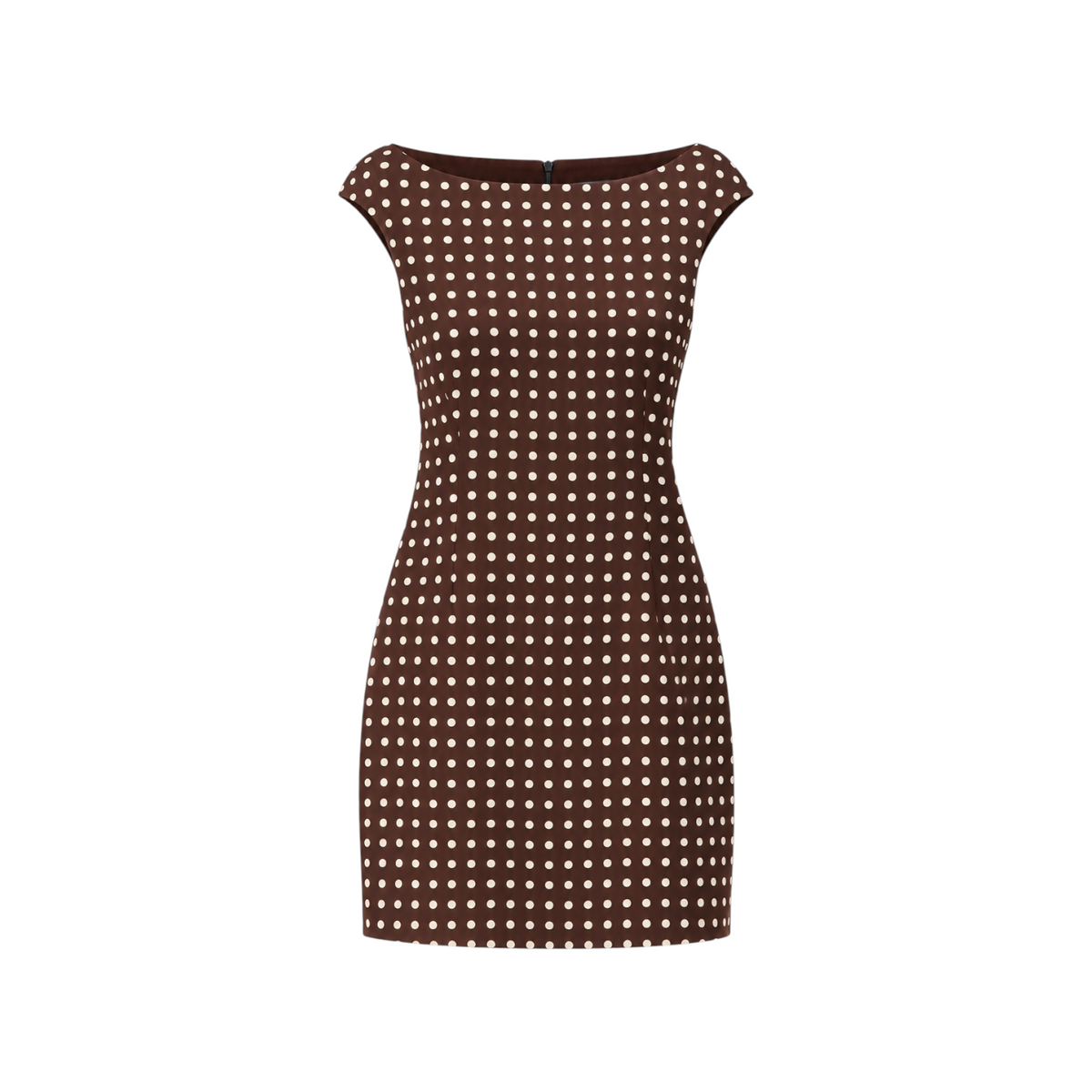 The Tiny Finch brown linen mini dress with white polka dots, featuring an elegant off-the-shoulder neckline.