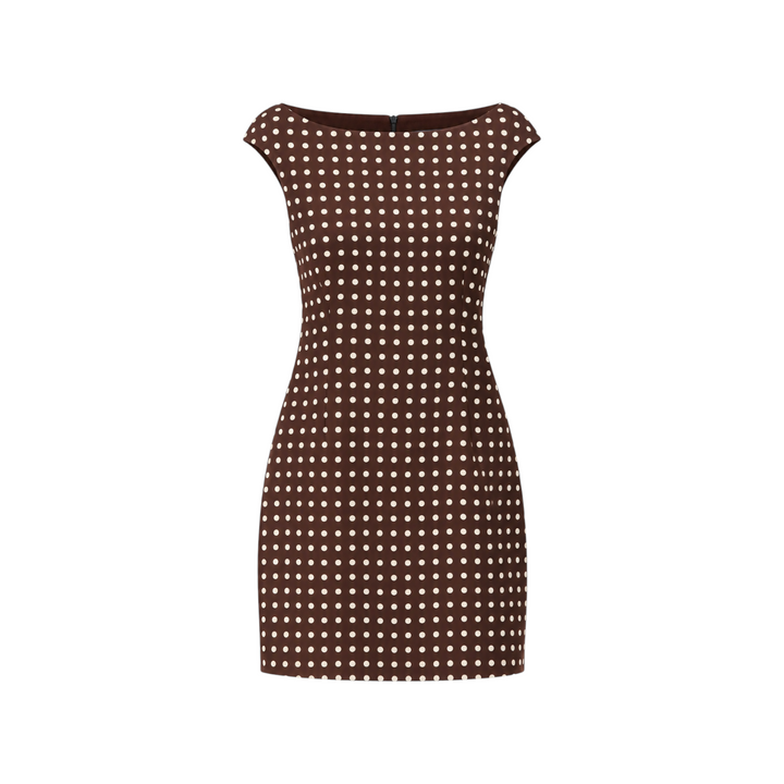 The Tiny Finch brown linen mini dress with white polka dots, featuring an elegant off-the-shoulder neckline.