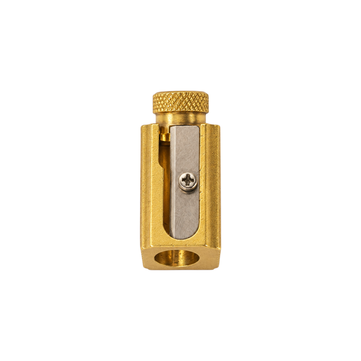 The Tiny Finch DUX brass adjustable pencil sharpener with a knurled dial for point precision and grooved side grips.
