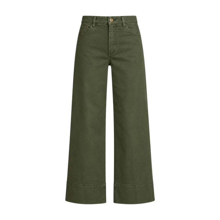 The Tiny Finch Costa high-rise wide-leg cropped cotton denim pants in moss green with contrast topstitching.