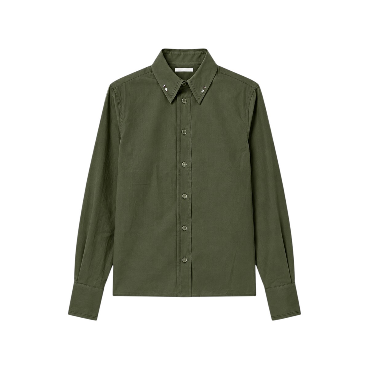 The Tiny Finch Martine cotton blouse in moss green with a button-front closure and embroidered collar detail.