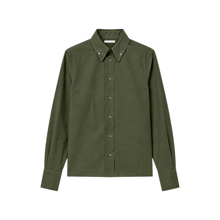 The Tiny Finch Martine cotton blouse in moss green with a button-front closure and embroidered collar detail.