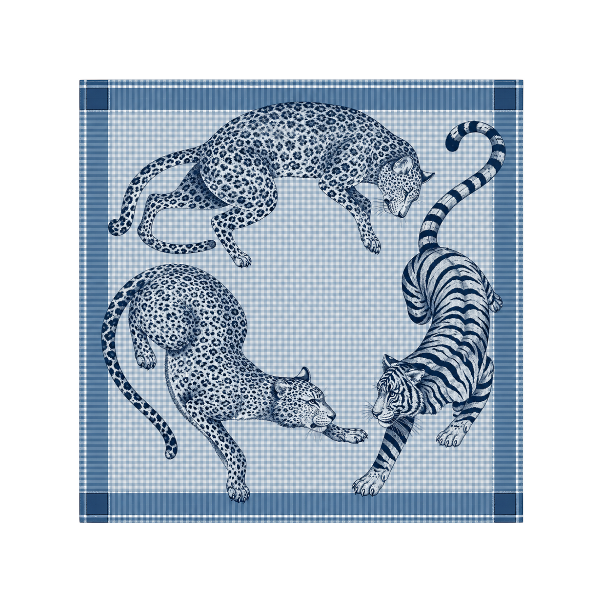 The Tiny Finch Jorgen blue cotton and silk scarf featuring a detailed leopard and tiger print on houndstooth pattern