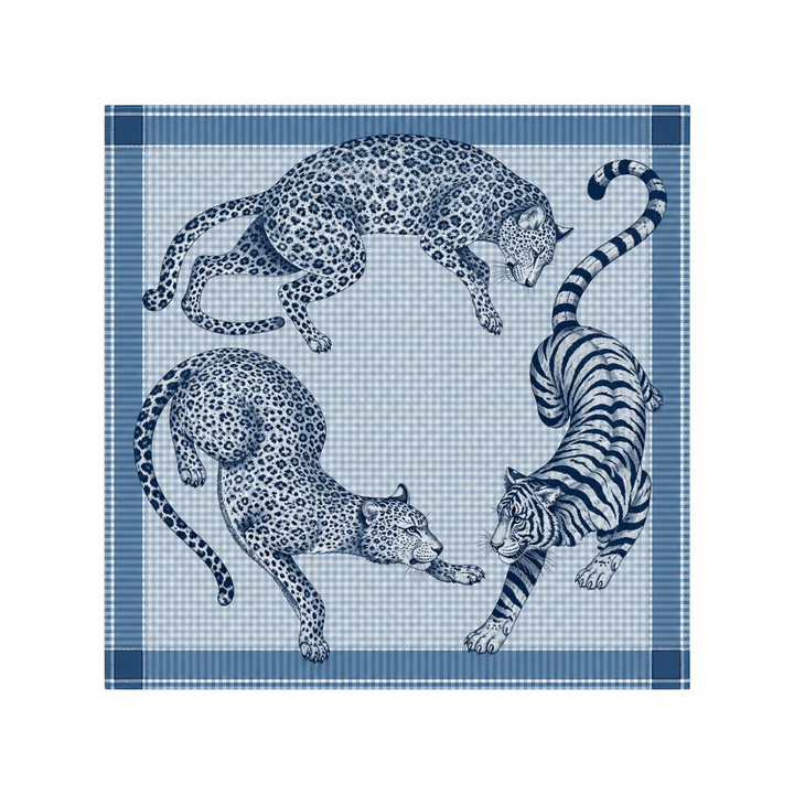The Tiny Finch Jorgen blue cotton and silk scarf featuring a detailed leopard and tiger print on houndstooth pattern