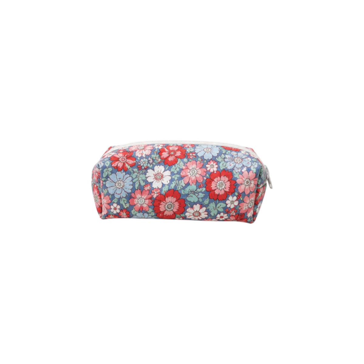 The Tiny Finch Poppy mini cosmetic bag in blue and pink quilted Liberty of London floral fabric with a zip closure.
