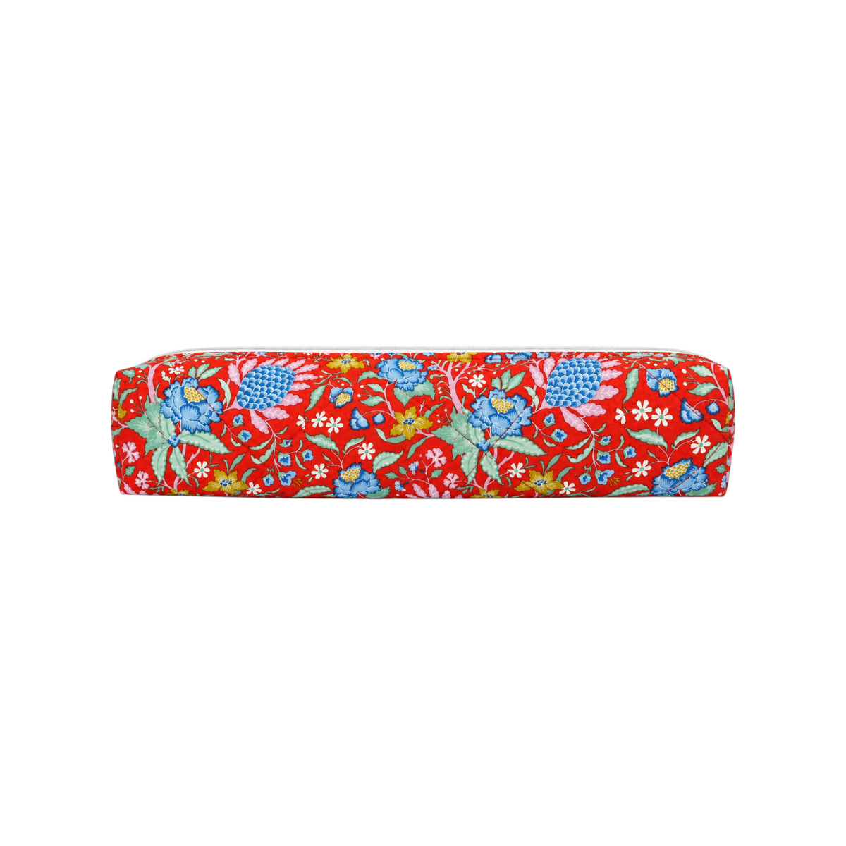 The Tiny Finch Persimmon hair tools bag in a vibrant red floral print, designed for straighteners and curlers.