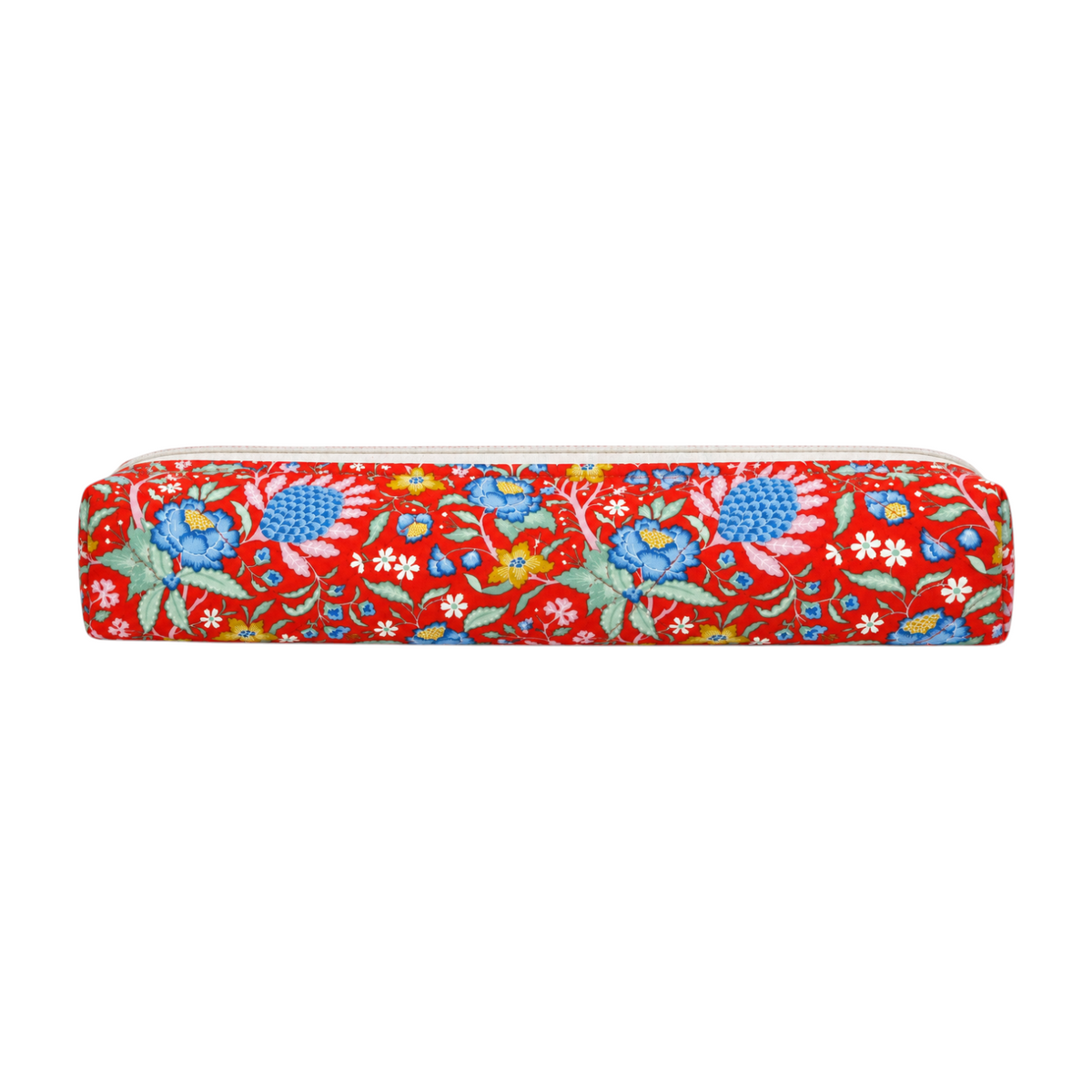 The Tiny Finch Persimmon hair tools bag in a vibrant red floral print with blue and yellow botanical patterns.