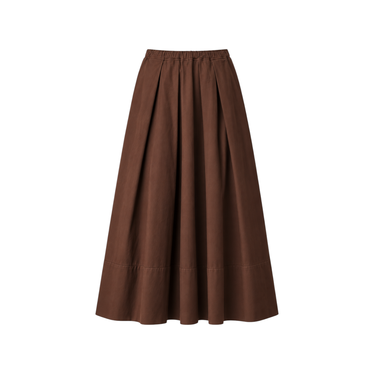 The Tiny Finch Moismont Paule N 836 long brown cotton twill skirt with an elastic drawstring waist and pleated design.
