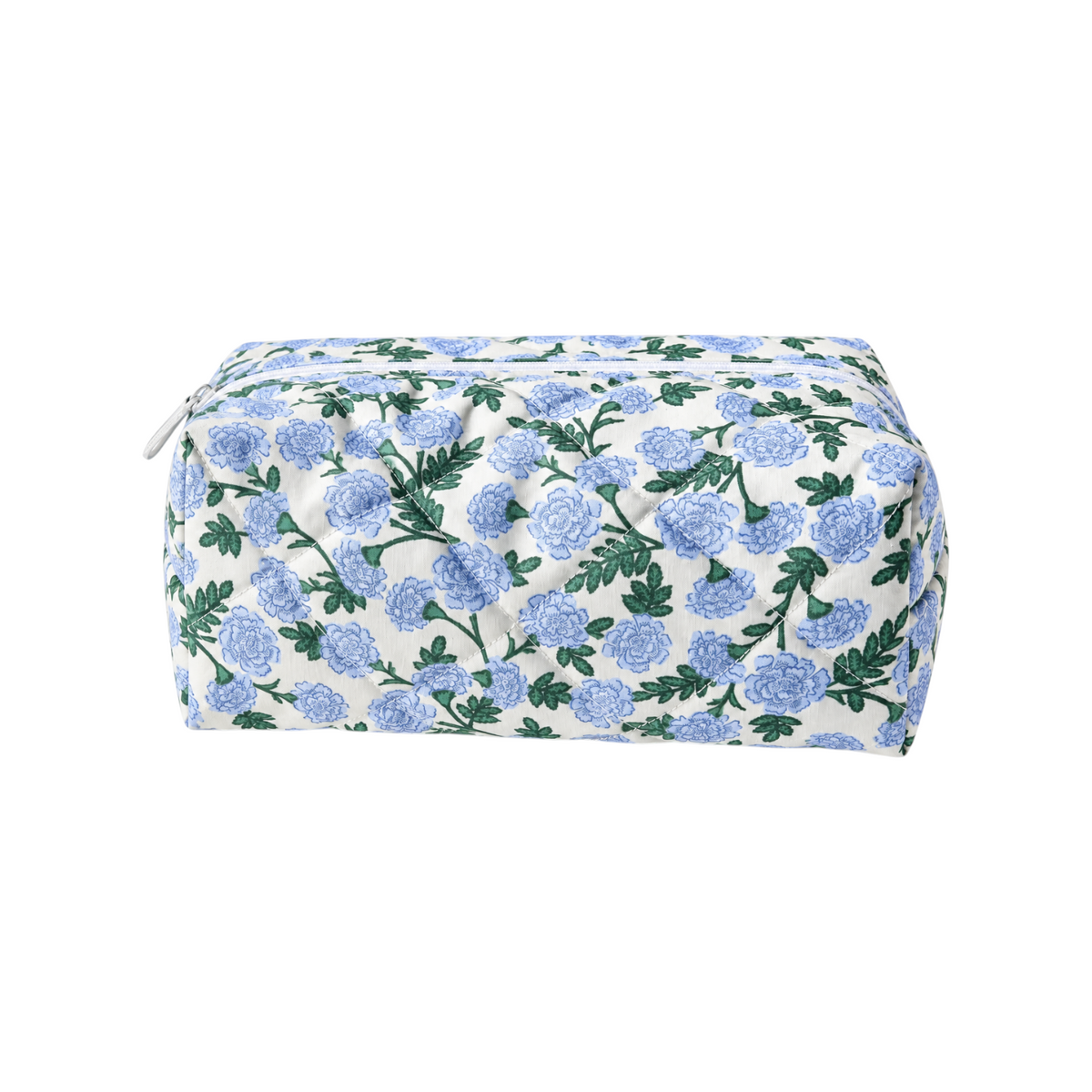 The Tiny Finch Dianthus regular cosmetic bag in light grey fabric with blue floral print and quilted texture.