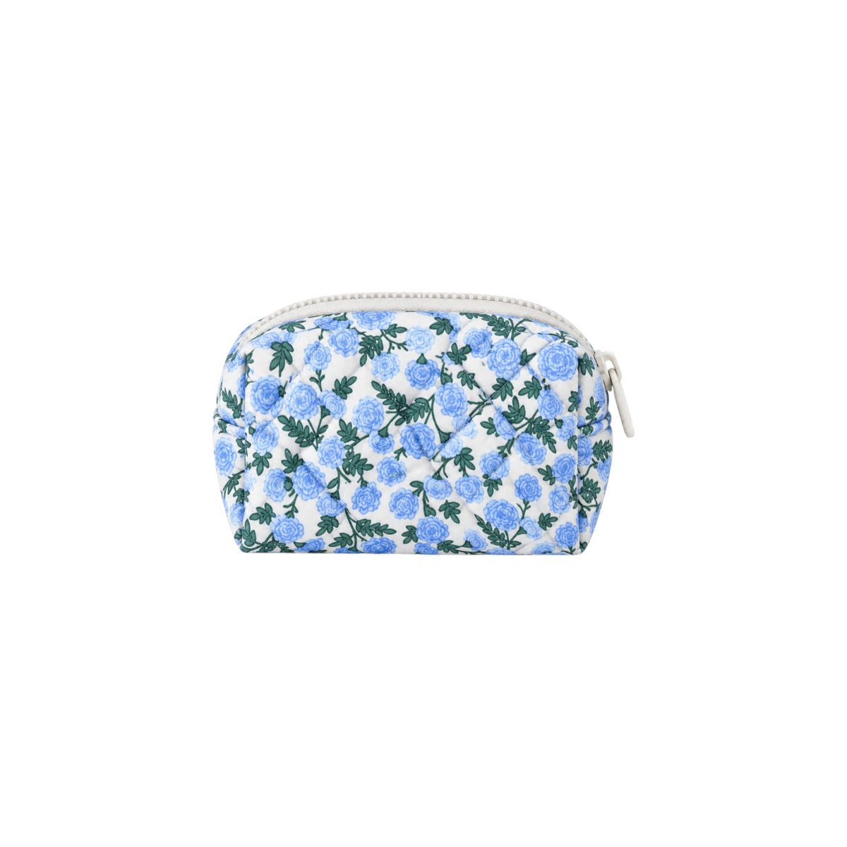The Tiny Finch Dianthus mini cosmetic bag in light grey fabric with a blue floral print and quilted texture.
