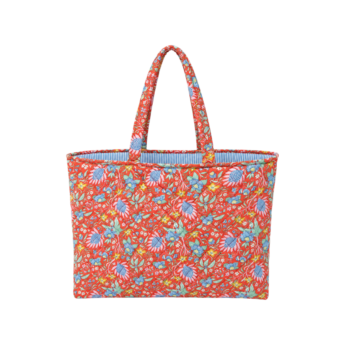 The Tiny Finch Persimmon quilted tote bag with a vibrant floral print in red, blue, green, and white on a white background.
