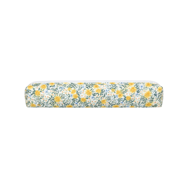 The Tiny Finch Daisy Fields regular hair tools bag in yellow fabric with a vibrant blue, green, and white floral print.