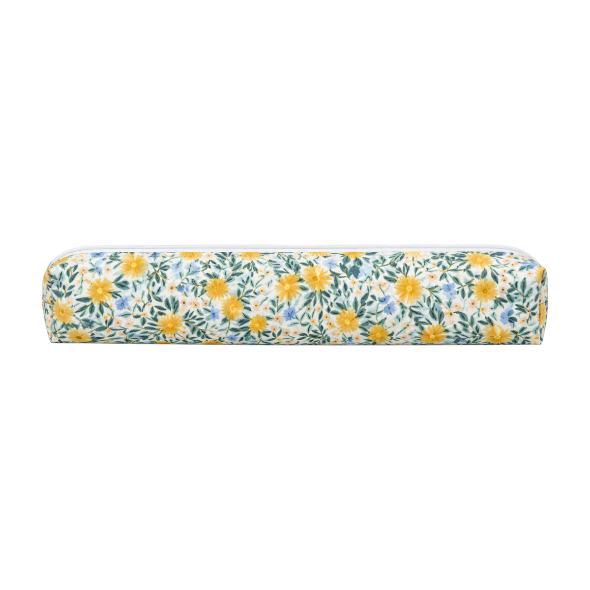 The Tiny Finch Daisy Fields large hair tools bag featuring a floral print with yellow daisies on a white background.