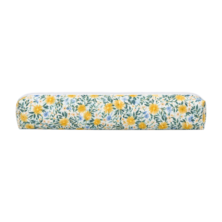 The Tiny Finch Daisy Fields large hair tools bag featuring a floral print with yellow daisies on a white background.