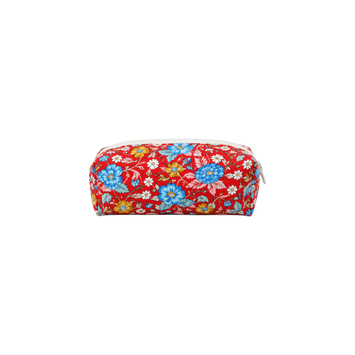 The Tiny Finch mini cosmetic bag in a vibrant red floral print with blue and yellow flowers on a white background.