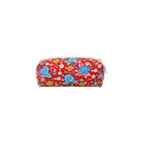 The Tiny Finch mini cosmetic bag in a vibrant red floral print with blue and yellow flowers on a white background.