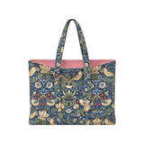 The Tiny Finch Morris tote bag in navy William Morris fabric with bird motifs and a vibrant red striped lining.