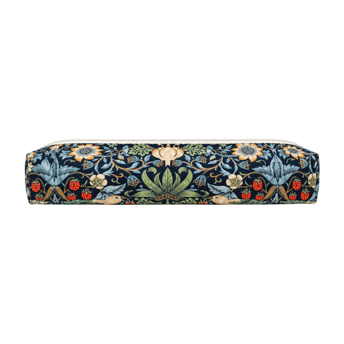 The Tiny Finch Morris Hair Tools Bag in a large size featuring a dark blue floral and strawberry William Morris print.
