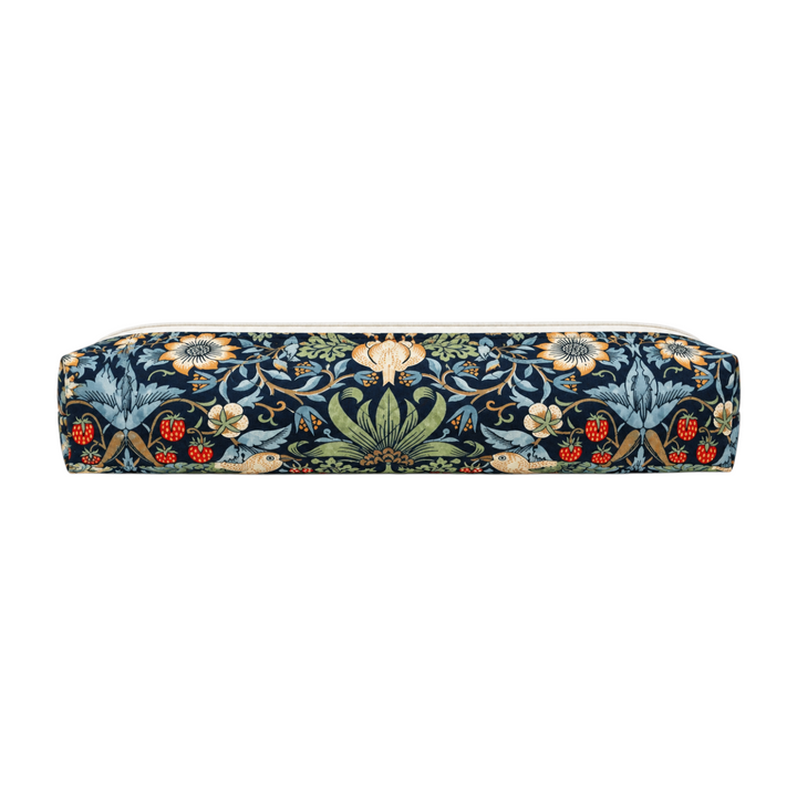 The Tiny Finch Morris Hair Tools Bag in a large size featuring a dark blue floral and strawberry William Morris print.