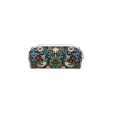 The Tiny Finch mini cosmetic bag in navy William Morris fabric with intricate bird, floral, and strawberry patterns.
