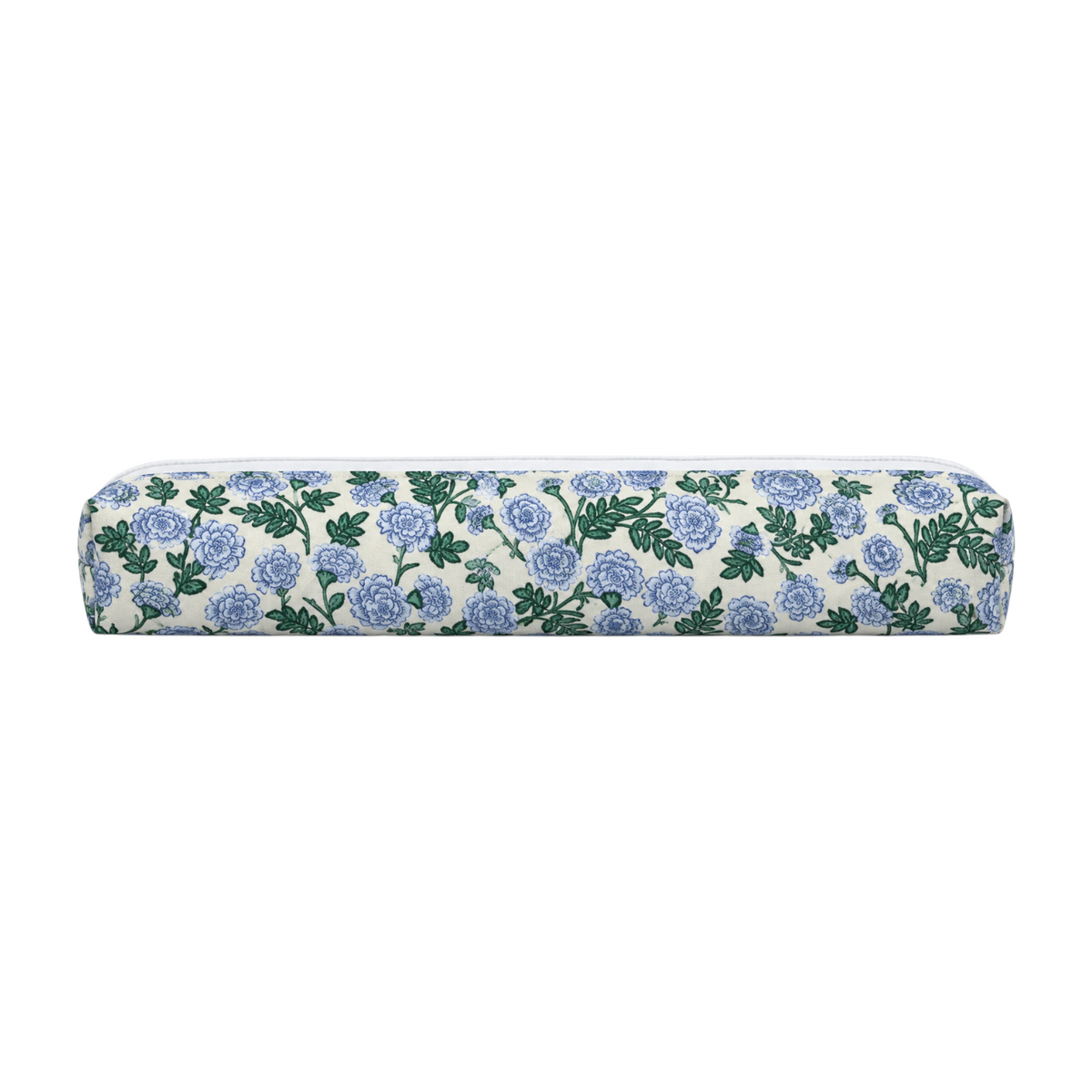The Tiny Finch Dianthus hair tools bag featuring a blue and green floral print on a cream fabric background.