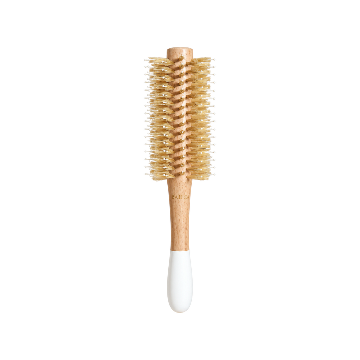 The Tiny Finch round hair brush with boar bristles and nylon pins on a light wood handle for volume and shine