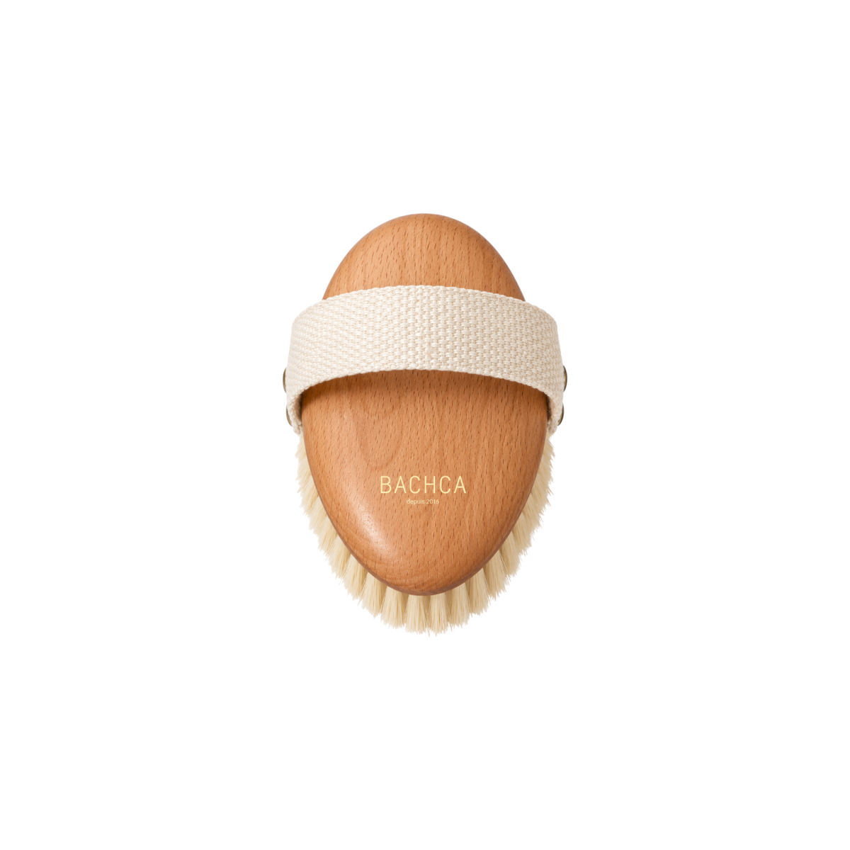 The Tiny Finch dry body brush with a wooden handle, cloth strap, and boar bristles for skin exfoliation.