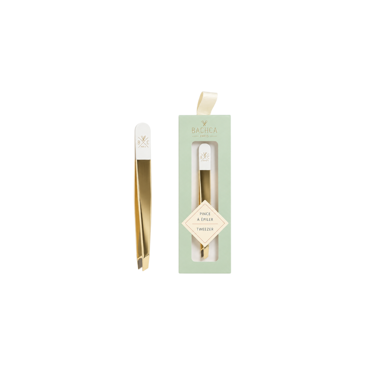 The Tiny Finch gold and white stainless steel angled tip tweezers for precise eyebrow grooming in branded packaging