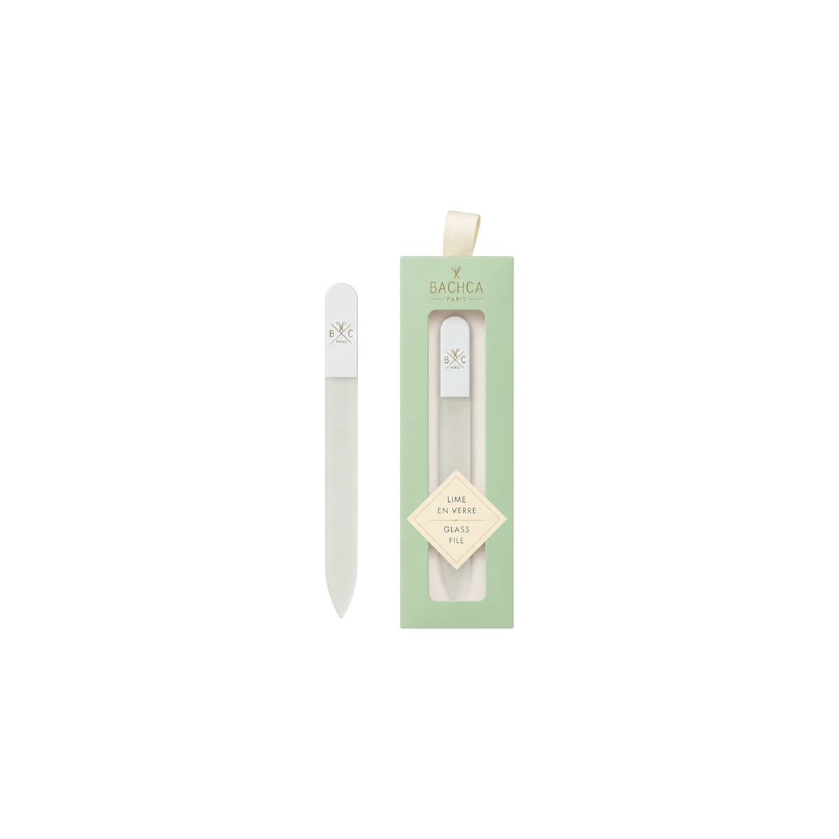 The Tiny Finch tempered frosted glass nail file with branded handle and matching light green storage box.