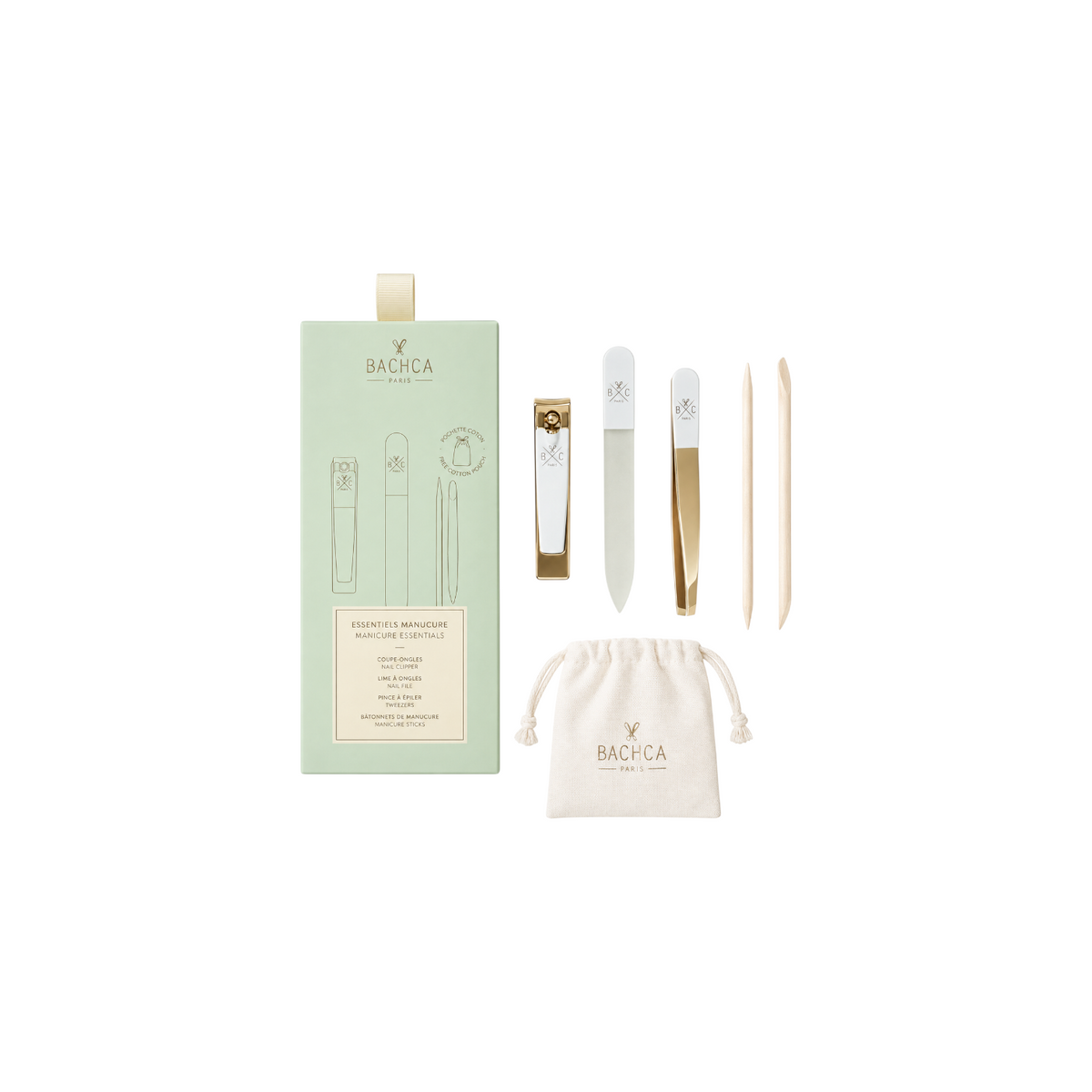 The Tiny Finch manicure kit featuring gold stainless steel tools, glass file, wooden sticks, and a cotton pouch.