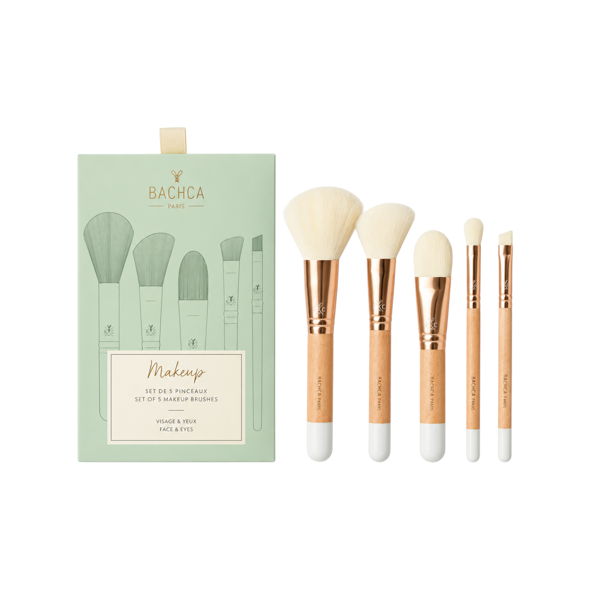 The Tiny Finch Natural Glow 5-piece vegan makeup brush set with beechwood handles and gold ferrules in gift box