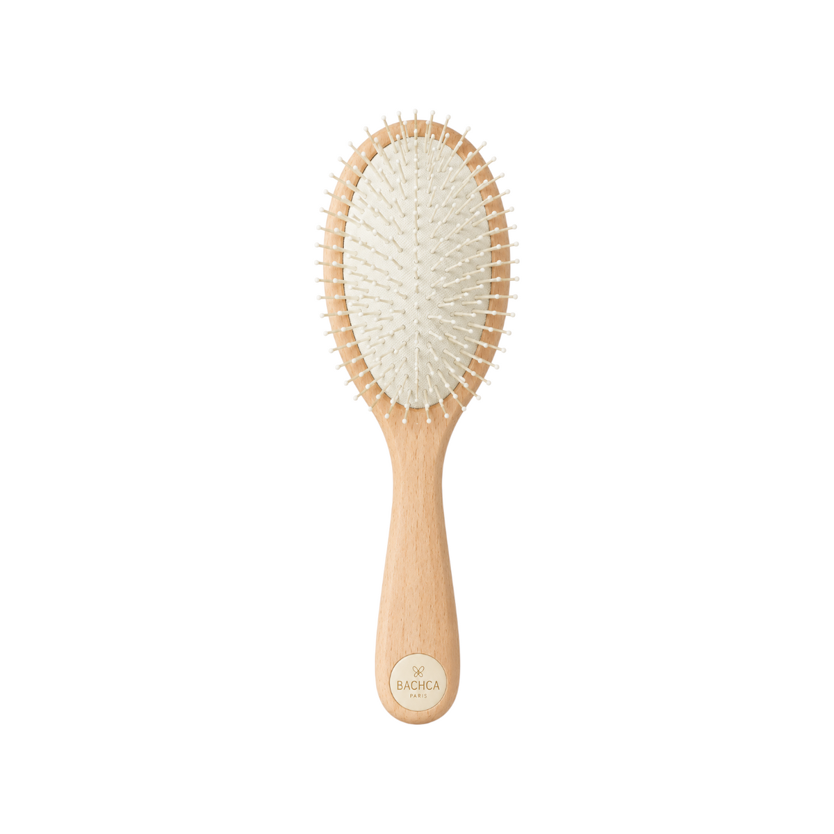 The Tiny Finch large detangling hair brush with a light wood handle, cushioned base, and flexible nylon pins.