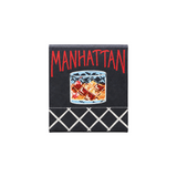 The Tiny Finch Manhattan matchbook featuring a cocktail illustration on a black background with red text.