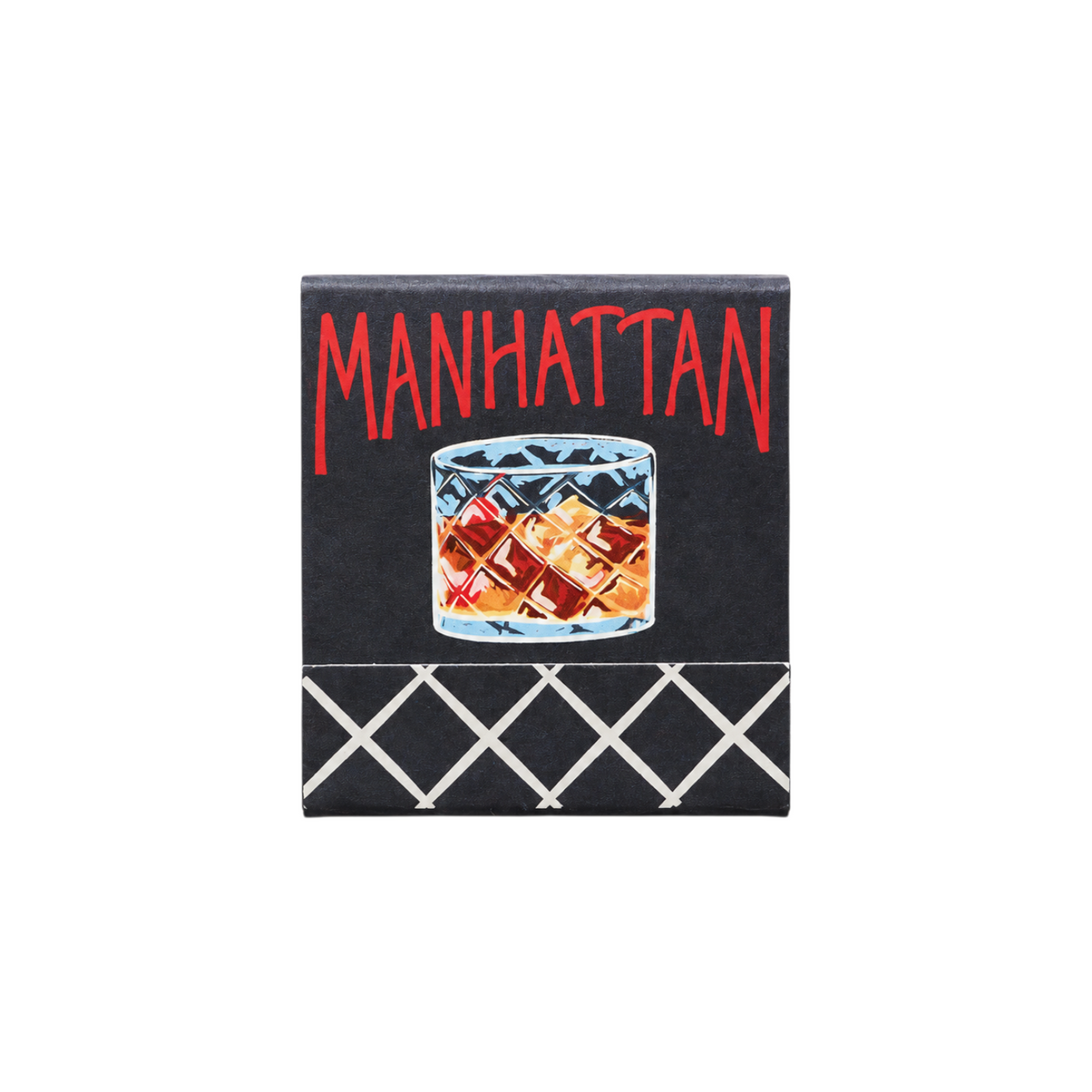 The Tiny Finch Manhattan matchbook featuring a cocktail illustration on a black background with red text.