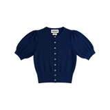 The Tiny Finch navy blue cashmere sweater with puff sleeves and a button-down front on a white background.