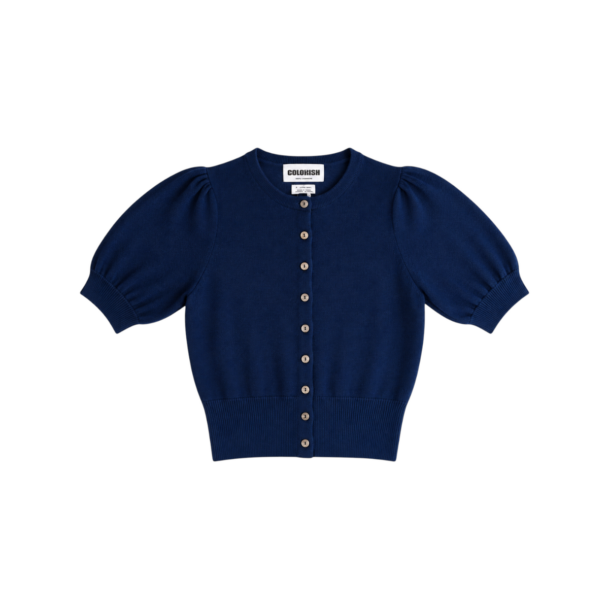 The Tiny Finch navy blue cashmere sweater with puff sleeves and a button-down front on a white background.