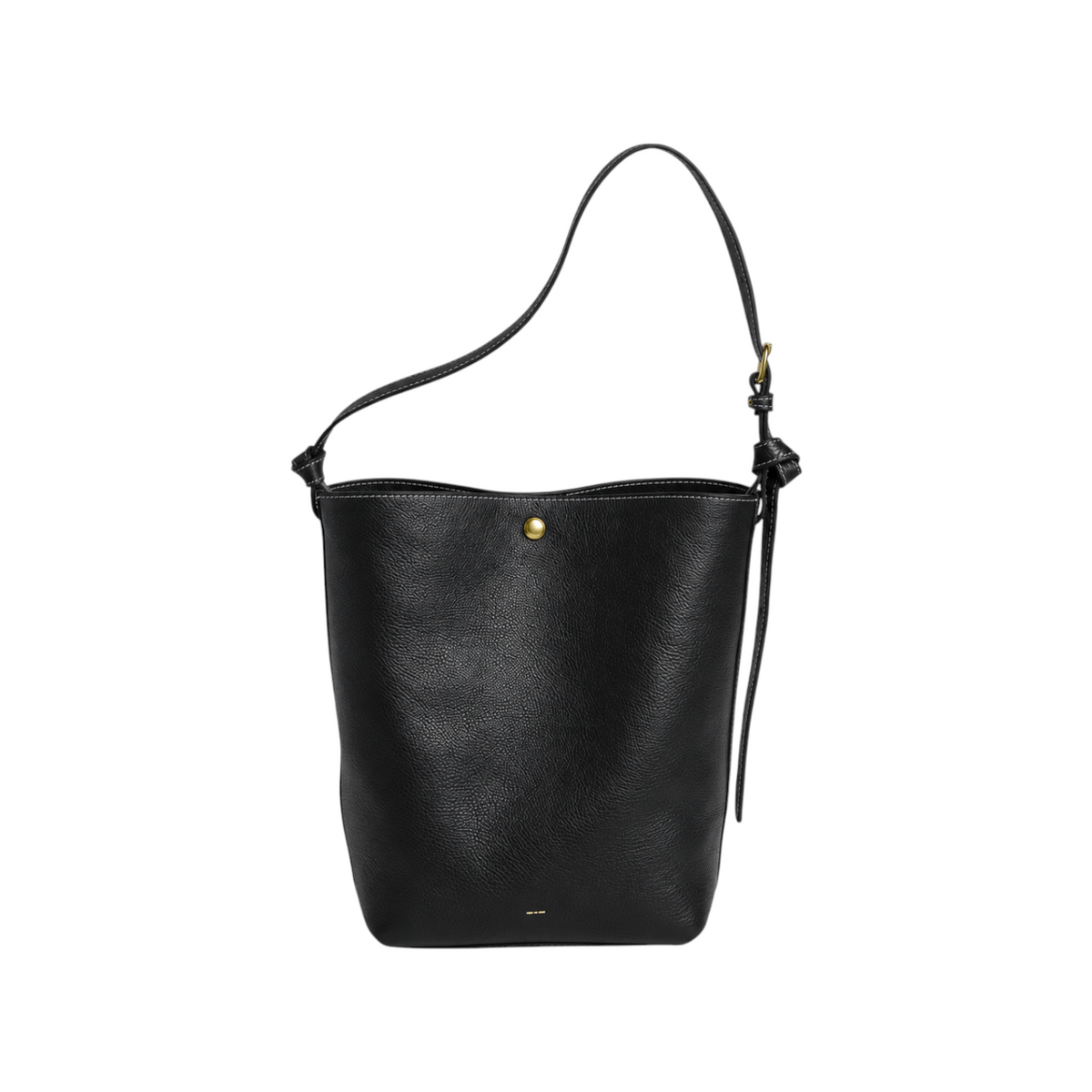 The Tiny Finch Lee black pebbled leather bucket bag with adjustable strap and solid brass hardware.