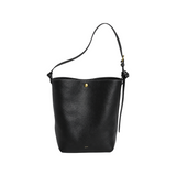 The Tiny Finch Lee black pebbled leather bucket bag with adjustable strap and solid brass hardware.