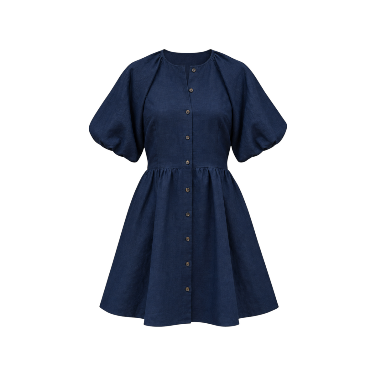 The Tiny Finch Bastille Midnight short linen dress in navy blue with puff sleeves and a button-down front.