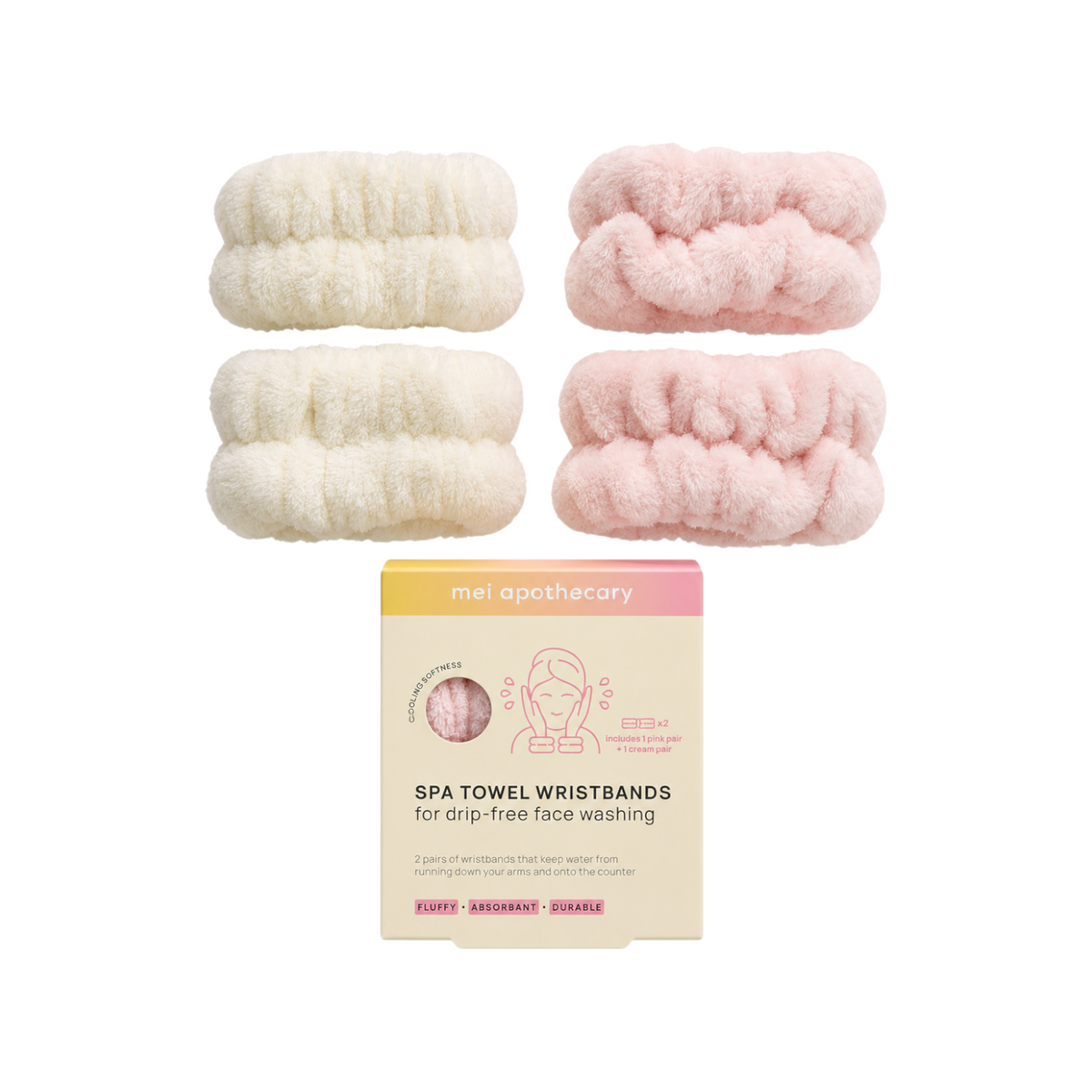 The Tiny Finch spa wristbands in cream and pink, fluffy absorbent towel material for drip-free face washing.