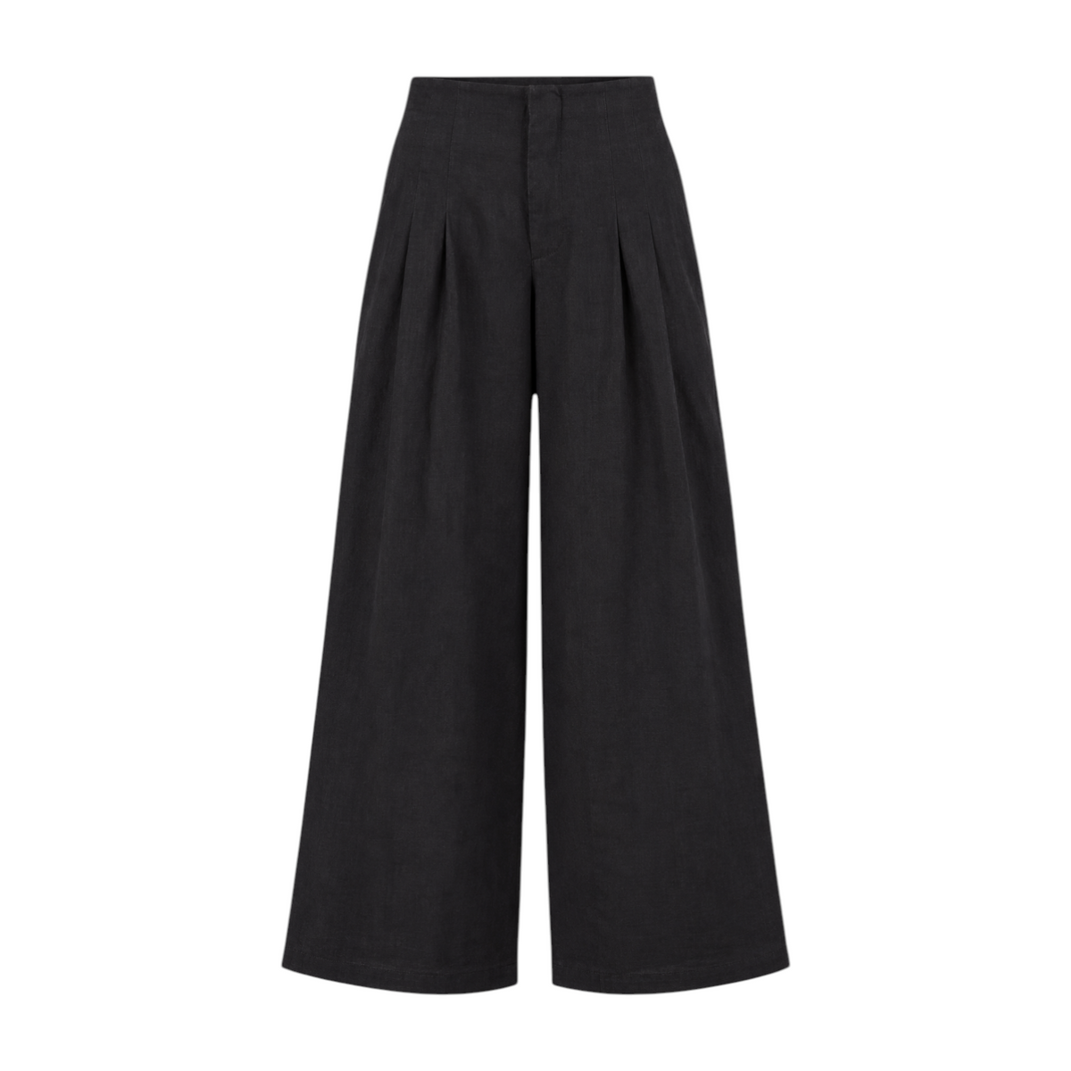 The Tiny Finch Sabi black wide-leg linen pants with a high waist, front pleats, and a comfortable elastic back.