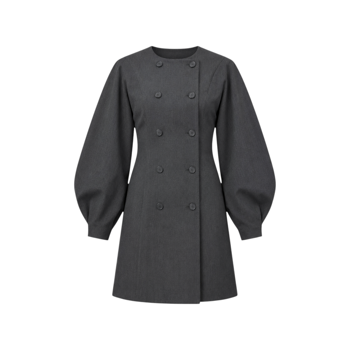 The Tiny Finch Audrey charcoal mini dress with sculpted sleeves and an asymmetric double-breasted button front.