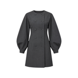 The Tiny Finch Audrey charcoal mini dress with sculpted sleeves and an asymmetric double-breasted button front.